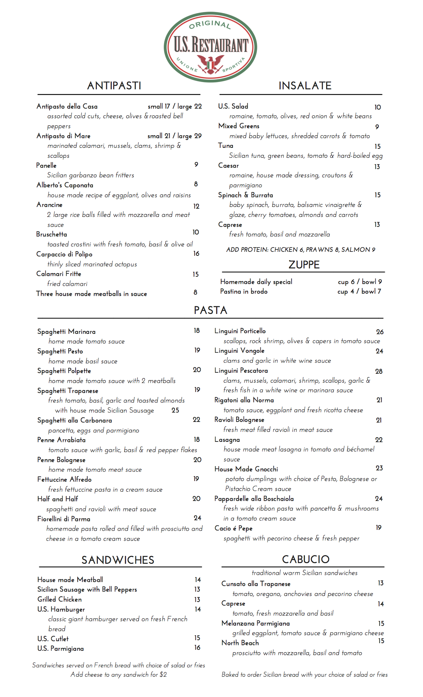 us restaurant menu